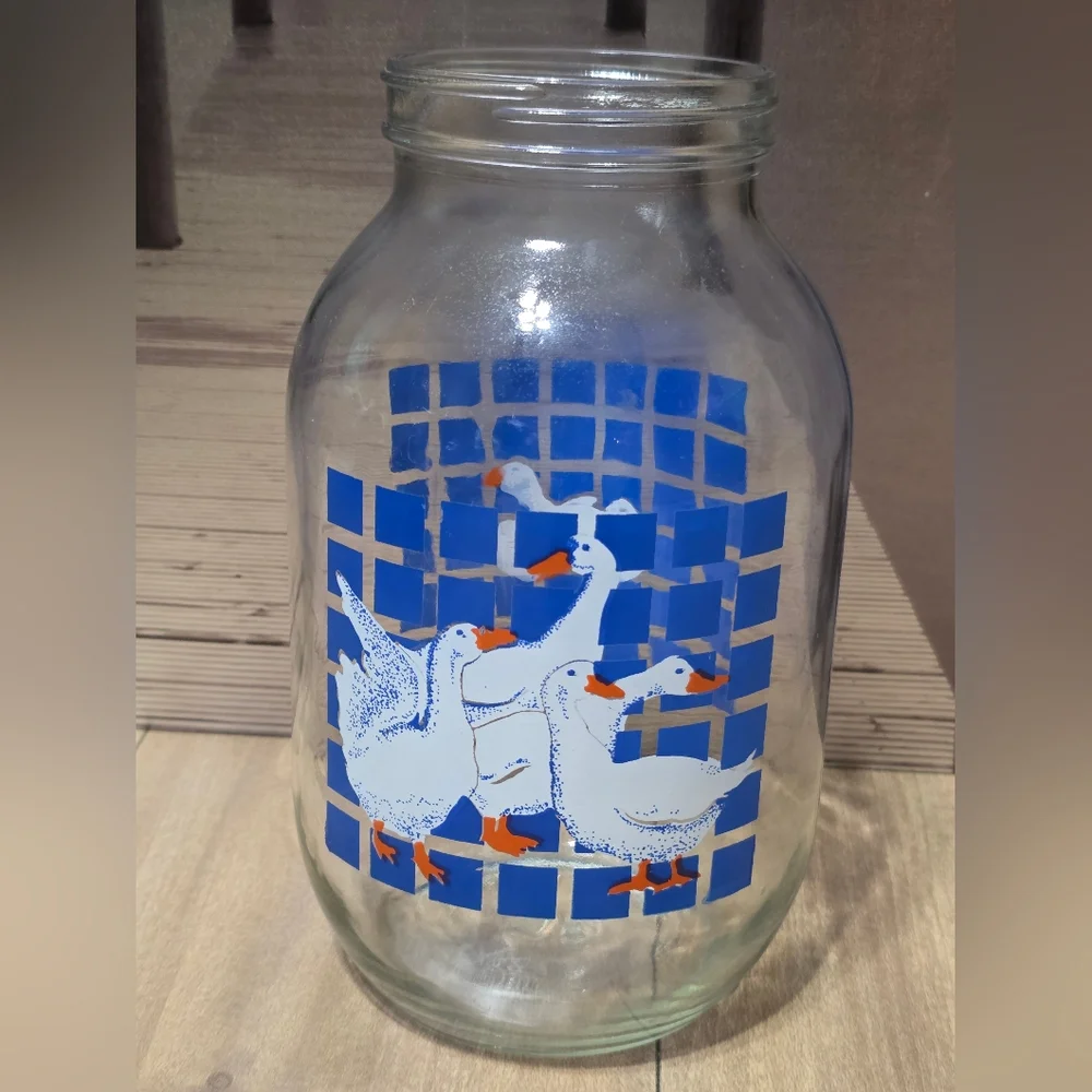 Glass Jar with Blue and White Design Vintage 1980's Era Carlton Glass Geese